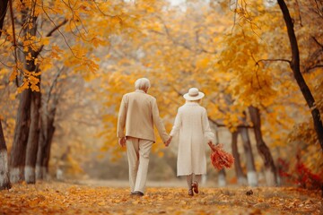 Fototapeta premium A senior couple enjoys a romantic autumn walk in the park, embracing love and nature together.