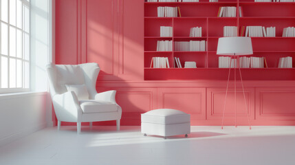 A white chair is in a room with a red wall and a white ottoman