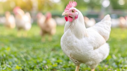 Fototapeta premium Close up hen on a farm background.