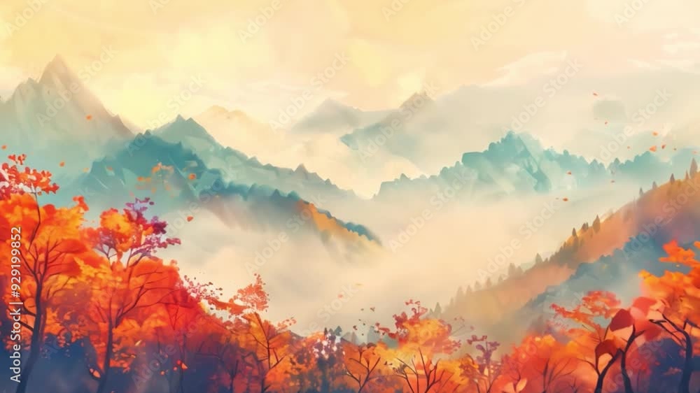 Poster a painting of a mountain range with a thick layer of fog obscuring the peaks, framed by trees with r