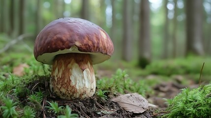 A single mushroom growing on a bed of moss with blurred forest background.