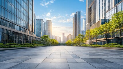 Fototapeta premium Modern Cityscape with Empty Street and Skyscrapers