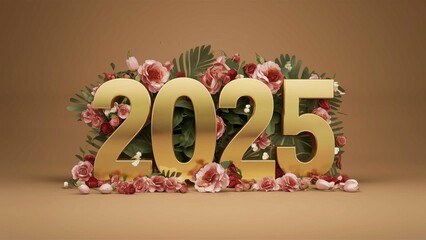 Golden number 2025 with flowers around it. Year 2025 concept.