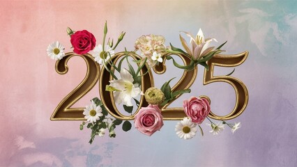 Golden number 2025 with flowers around it. Year 2025 concept.