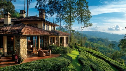 Obraz premium Stone house overlooking tea plantation in mountains.