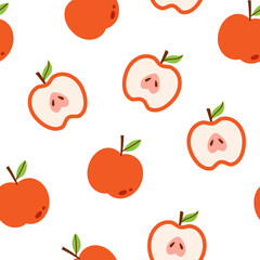 Vector seamless pattern with cute red apples. Summer or autumn fruit on a white background. Wrapping or fabric design. Baby, kids, childish print with apples.