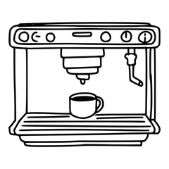 coffee machine with cup hand drawing cartoon vector illustration graphic design in black and white