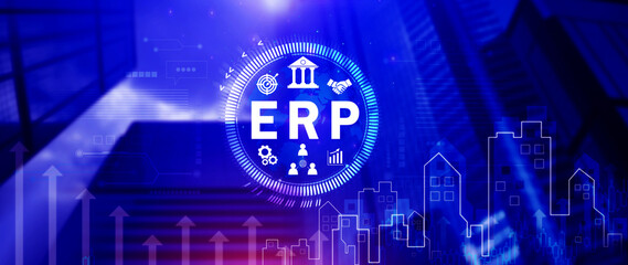 ERP Concept, Enterprise resource planning concept, analyzing ERP system on virtual screen, Connections between business intelligence, HR and CRM modules.