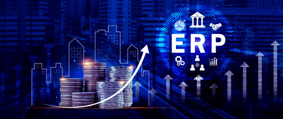 ERP Concept, Enterprise resource planning concept, analyzing ERP system on virtual screen, Connections between business intelligence, HR and CRM modules.