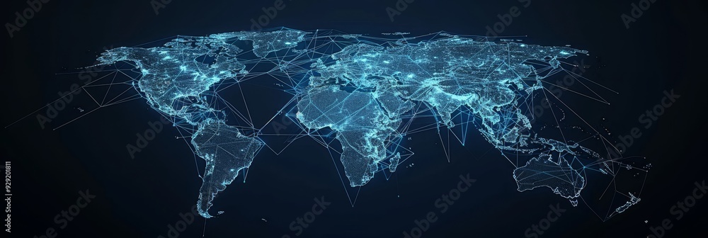 Poster global network connections. digital world map with glowing lines and nodes, representing data flow.