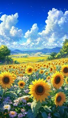 Enchanted anime-style Sunflower Paradise: A Vivid Spring Landscape with Azure Skies and Golden Blooms, Embracing the Season's Vitality,Anime-Style,illustration,Picture BooksFor Poster,Novel,UI,WEB,Gam