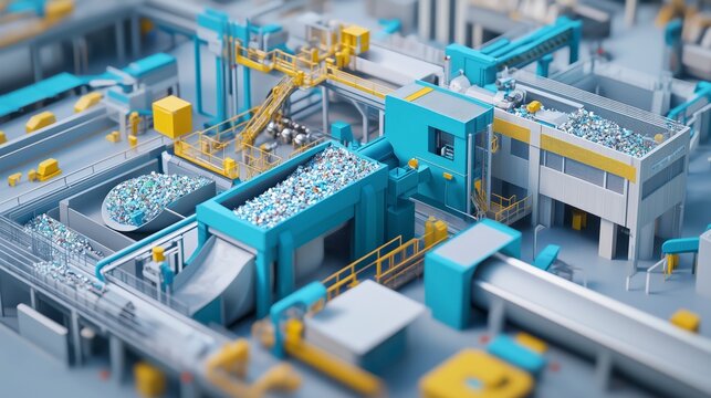 A detailed industrial facility with processing equipment and storage areas.