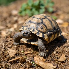 Obraz premium Closeup of a Small Tortoise crawling on Dry Leaves