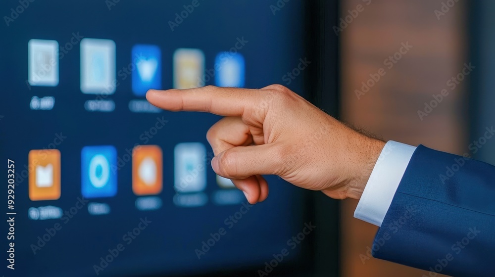 Poster A hand pointing at a modern touchscreen display showcasing various app icons in a tech-savvy environment.