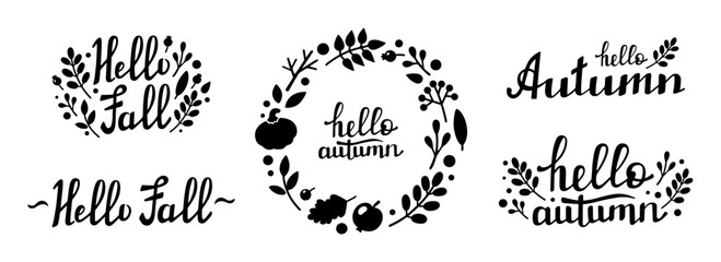 Autumn decorative round frame, template with autumn elements, silhouette of leaves, twigs, acorn, berries and lettering HELLO AUTUMN. Vector hand drawn illustration in Doodle style. Fall lettering set