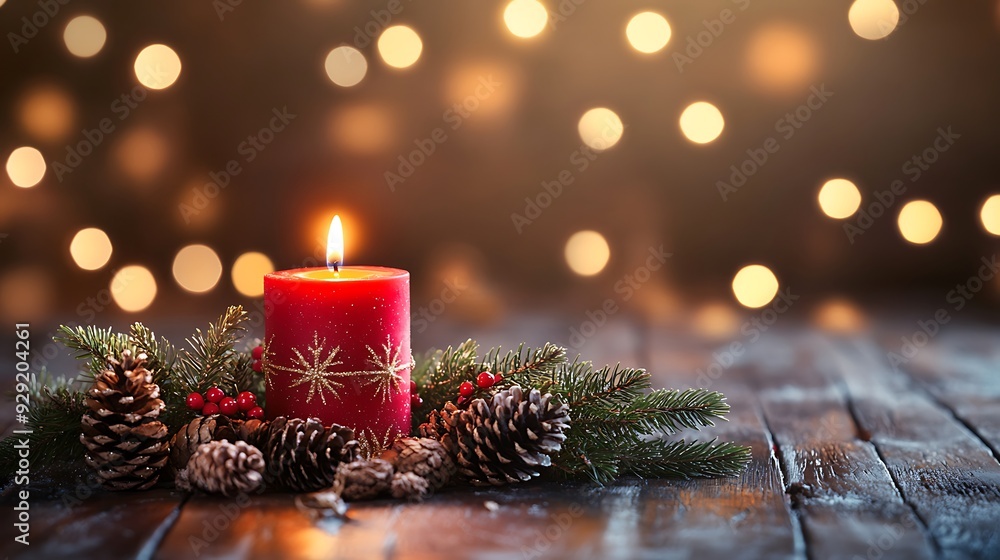 Poster a single red candle with a golden snowflake design is surrounded by pine branches, pine cones, and r