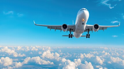 Obraz premium A commercial airplane flying high above the clouds with a clear blue sky, illustrating travel and aviation freedom.