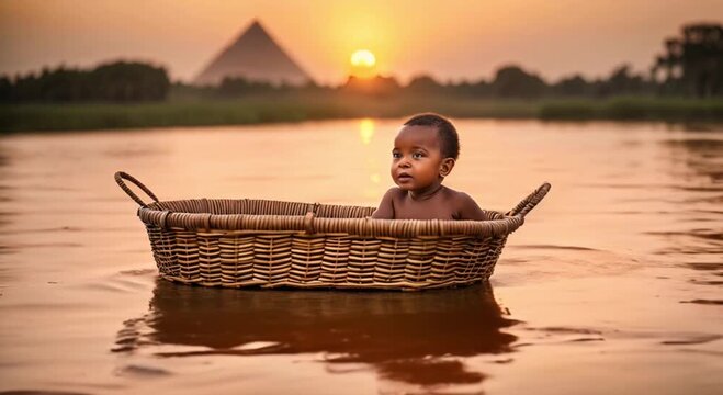 baby moses floating in a basket on the nile river with pyramid in the background at sunset