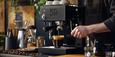 Barista using an espresso machine, expertly pulling a shot of espresso with a rich, golden crema, surrounded by coffee equipment and beans.