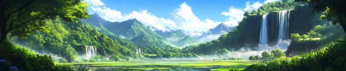Fototapeta premium Enchanted anime-style Japanese Summer Valley: A Lush Green Landscape with Waterfalls and Vibrant Flora for Idyllic Getaways and Travel Posters,Anime-Style,illustration,Picture BooksFor Poster,Novel,UI