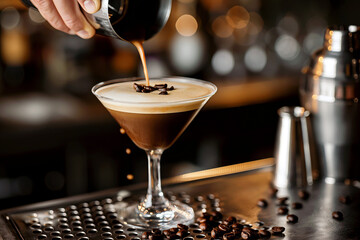 Espresso martini being prepared, with a shaker, cocktail glass, and coffee beans as garnish, set in a chic bar environment.