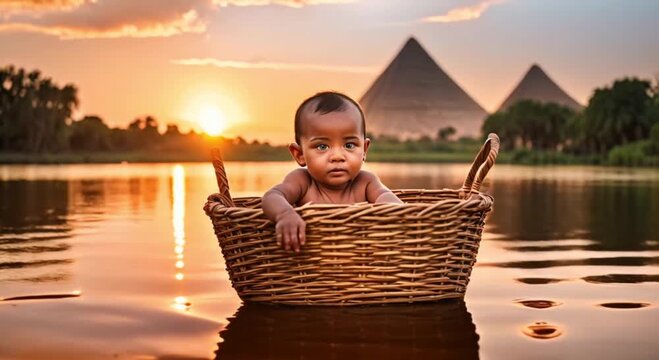 baby moses floating in a basket on the nile river with pyramid in the background at sunset