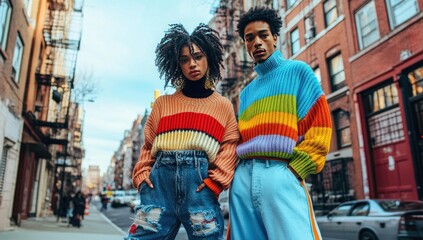 Fototapeta premium Couple in colorful sweaters on city street.