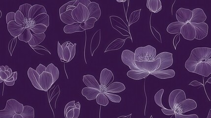 A floral pattern featuring outlined flowers on a dark purple background.