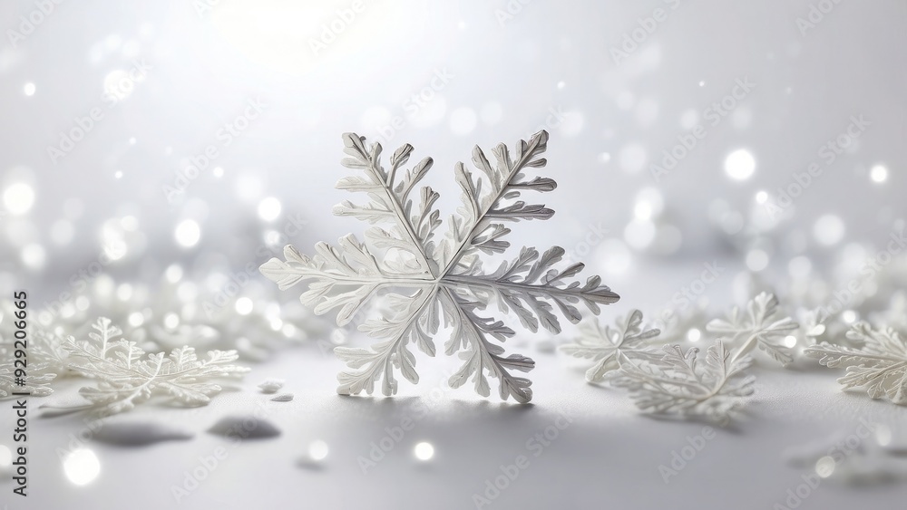 Poster white background with light snowflake patterns, wintery and cool.
