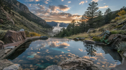 The tranquil mountain peak of the cliff edge hot spring in the twilight mountainous area, where the steam white of dusk blends with the rock ash on the mountain, creates a natural paradise for relaxat