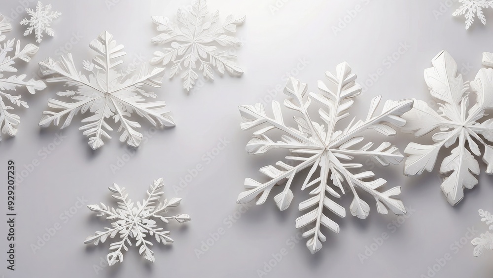 Poster white background with light snowflake patterns, wintery and cool.