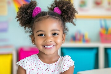 smiling little black girl sitting at the table with, kindergarten classroom in the background