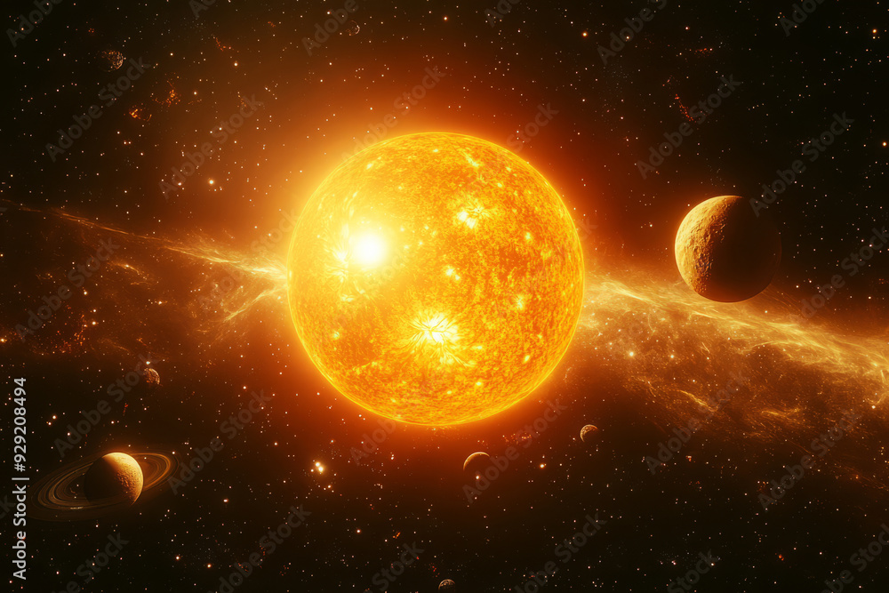 Sticker planets are orbiting massive star in deep space. planetary system and glowing star