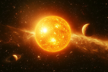 Planets are orbiting massive star in deep space. Planetary system and glowing star