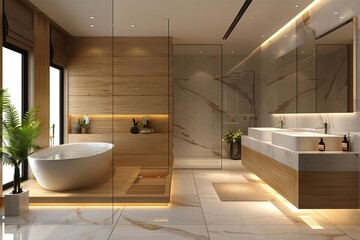 3d modern bathroom with wooden and white marble details.