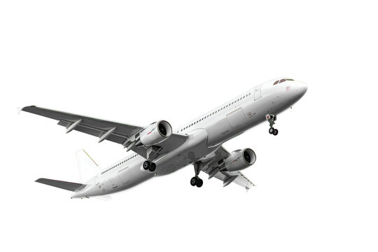 White passenger airplane in flight isolated on transparent background. Air Transport design element