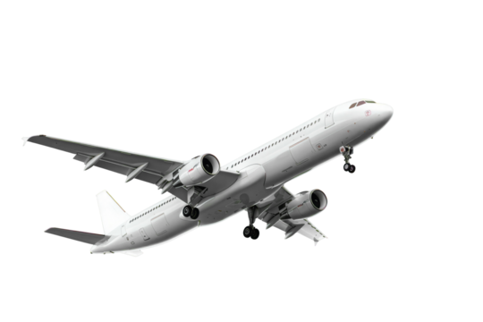 White passenger airplane in flight isolated on transparent background. Air Transport design element