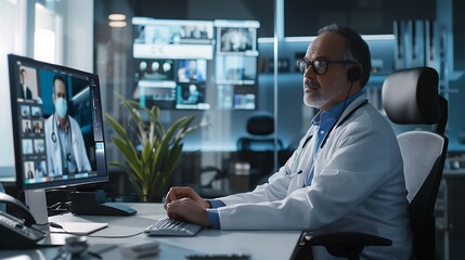 A doctor interacting with a patient via video call in a modern office environment
