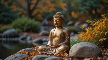 In a place for meditation in a Japanese garden seeing a golden Buddha statue among an autumn greenery stones and creek