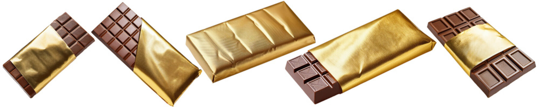 A set of chocolate bars partially wrapped in golden foil collection cut out transparent isolated on white background PNG
