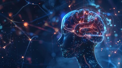 Fototapeta premium A digital representation of a human head with a glowing brain, symbolizing intelligence and technology.