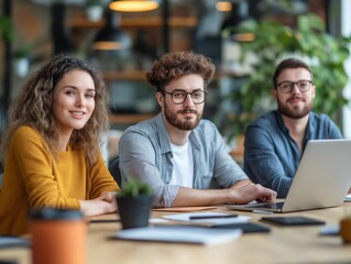A group of three young professionals smiling confidently, working together in a modern office setting with laptops and documents.