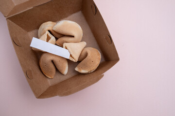 Delicious fortune cookies. Chinese cookies with empty space inside for words of fortune. Space for text 
