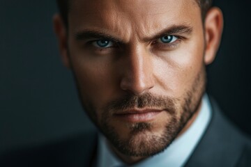 Fototapeta premium Close-up of a handsome businessman with a serious, intense expression. He's wearing a business suit. with generative ai