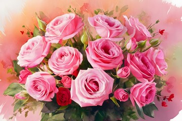 Watercolor pink rose flower bouquet for valentines day
