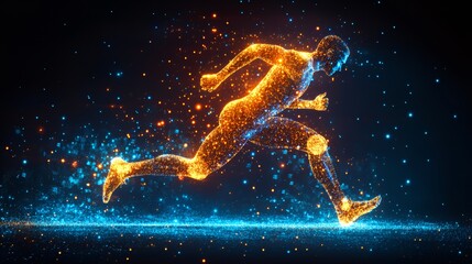 Fototapeta premium A digital representation of a runner composed of glowing particles in motion.