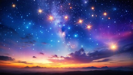 Fototapeta premium Starry Night Sky with Glowing Stars Above a Mountainous Horizon