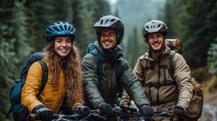 Fototapeta premium Group of three friends wearing helmets, smiling while riding bicycles in a lush green forest, enjoying an outdoor adventure.