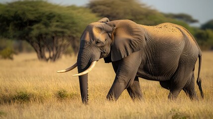 Fototapeta premium Majestic elephant gracefully walking through the serene savanna landscape with iconic acacia trees dotting the horizon in the background