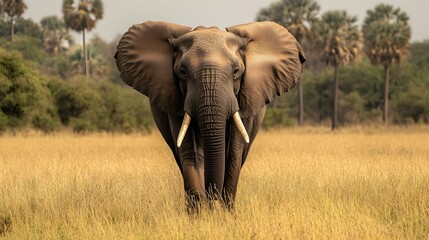 Obraz premium A majestic African elephant gracefully walking through the sweeping savanna with a backdrop of iconic acacia trees dotting the expansive and peaceful landscape